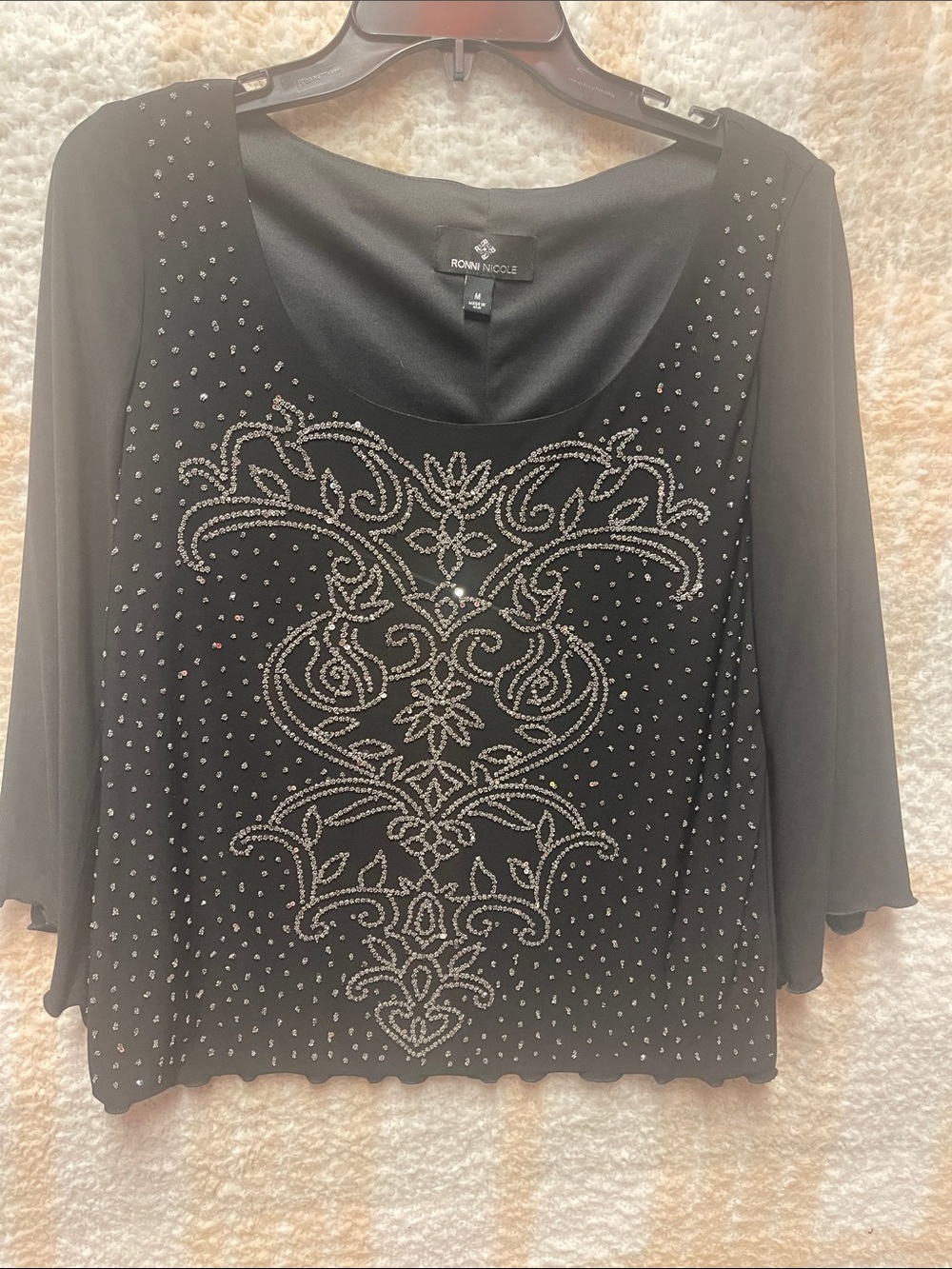 Ronni Nicole Black Scoop Neck Blouse with Silver Rhinestone Design Sequins Sz M